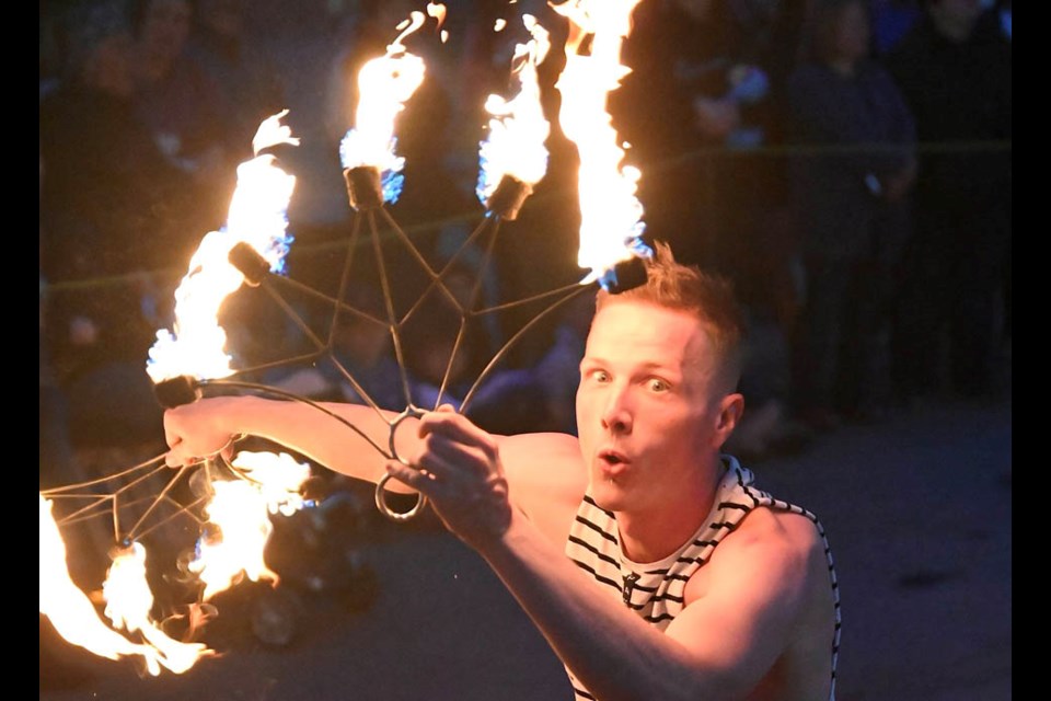 One of the major free attractions at the 2025 Hometown Fair was the Flame Syndicate Fire Dancers. The Winnipeg-based quartet wowed the crowds at their free shows.
