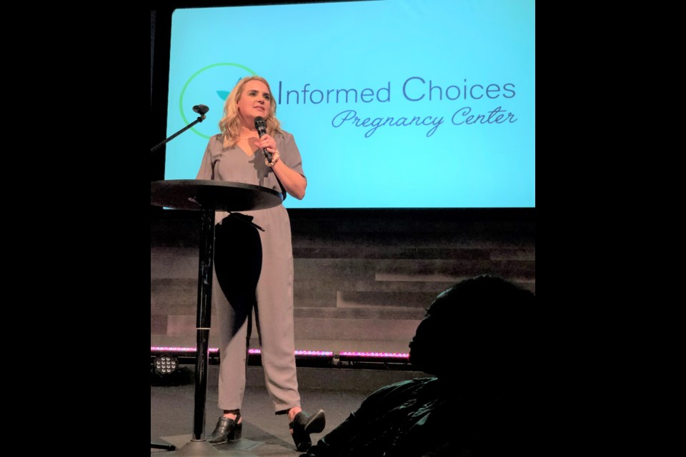Sara Barr, executive director of Informed Choices Pregnancy Centre, speaks about the services her organization offers during its annual banquet. Photo courtesy Joanne Virtue