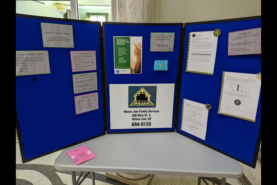 The Rapid Access Counselling information booth at the Moose Jaw Public Library on Fridays. Counselling sessions are available by appointment or drop-in