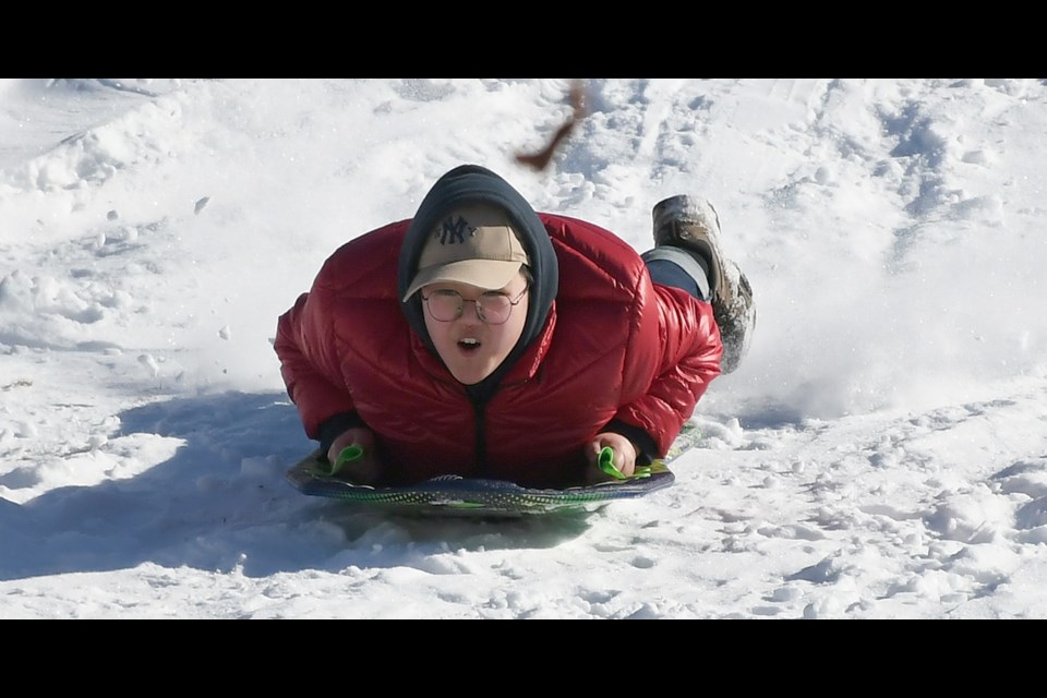 A brave soul gets up speed while sliding down a hill in Crescent Park during the Snowtorious Family Day.