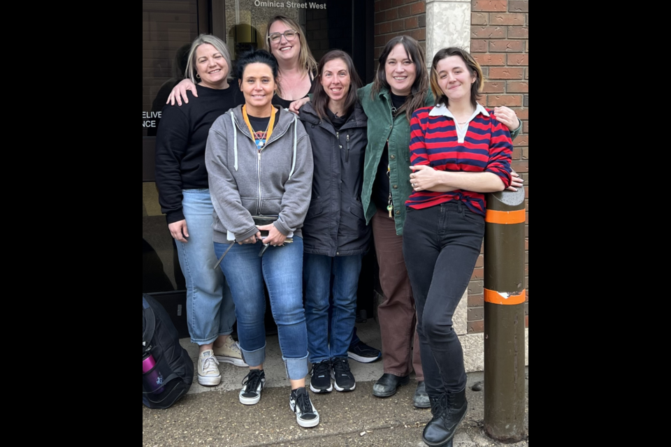 Willow Lodge Emergency Shelter staff gather outside the front doors of the building. In back are Jennifer Silzer and Crystal Harvey, while in front are Tana Spriggs, Heidi MacNevin, Crystal Peterson and Keely Casper. Photo submitted