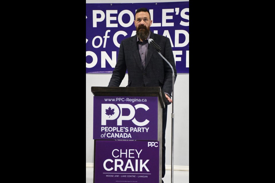 Chey Craik, the PPC candidate for Moose Jaw-Lake Centre-Lanigan constituency, speaks to the crowd about his reasons for running in the federal election. Photo by Jason G. Antonio