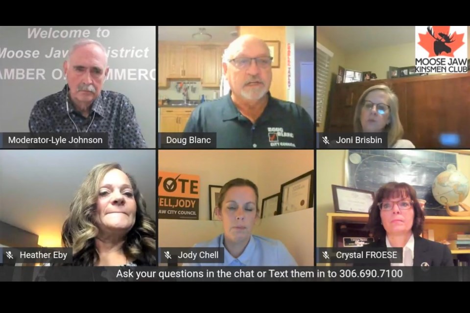 Moderator Lyle Johnson manages the online forum, while hearing from candidates (clockwise) Doug Blanc, Joni Brisbin, Crystal Froese, Jody Chell and Heather Eby. Photo by Jason G. Antonio 