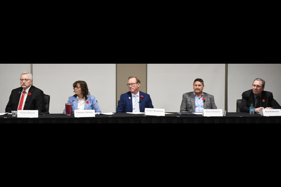 The five mayoral candidates who attended a chamber forum during the 2024 municipal election campaign included then-incumbent Clive Tolley, Crystal Froese, James Murdock, Mike Simpkins and Kim Robinson. Photo by Jason G. Antonio