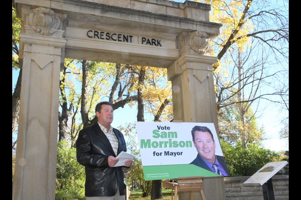 Sam Morrison holds a press conference near Crescent Park on Oct. 1 to discuss why he is running in the mayoral byelection. Photo by Jason G. Antonio 