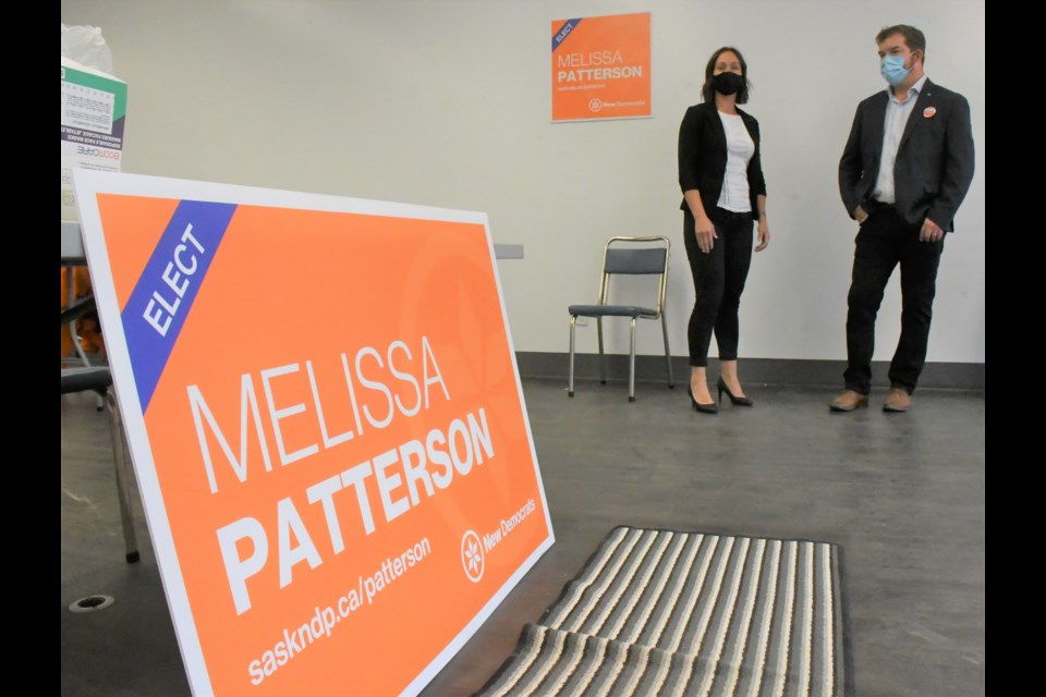 Moose Jaw Wakamow candidate Melissa Patterson speaks with fellow candidate Kyle Lichtenwald, for Moose Jaw North, at her office on Sept. 29. Photo by Jason G. Antonio