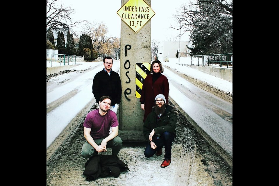 Friend Friend -- Brian Capstick, back left, Carrie Hlady, Dustan Hlady, front left, and Matt Froese -- will release "Not Particularly Dignified or Newsworthy" on Feb. 23 with a show at Chysalis. Submitted photograph
