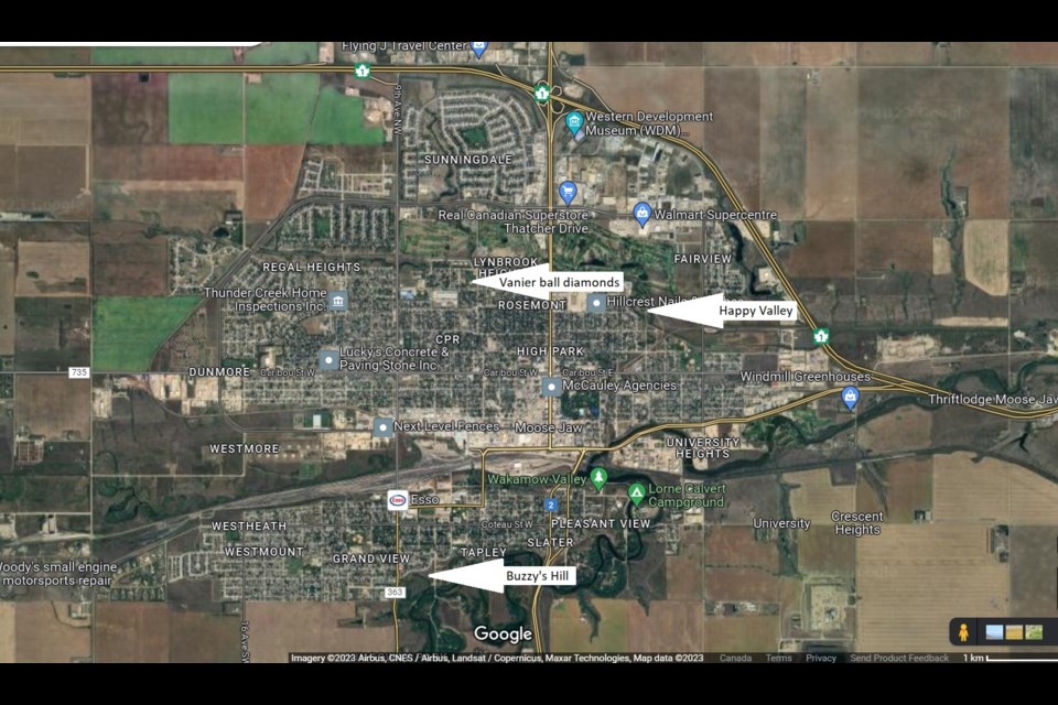 A map of tobogganing hills in Moose Jaw.