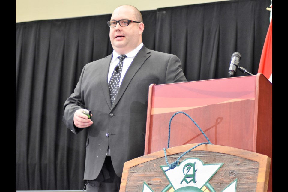 Jim Burneka Jr., founder of Firefighter Cancer Consultants, addressed the attendees at the Saskatchewan Association of Fire Chiefs conference in Moose Jaw Saturday. (Matthew Gourlie photograph)