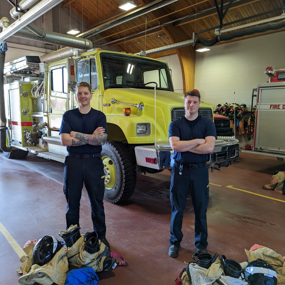 Fresh Moose Jaw firefighters Dustin Barnett (L) and Max Pilsworth (R) with their ready-for-action gear at the North Hill zone station