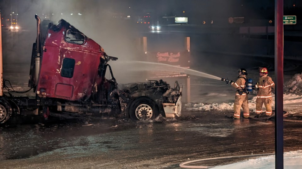 the-moose-jaw-fire-department-had-the-fire-out-by-around-915-pm-on-tuesday-night-the-semis-cab-and-engine-compartment-were-destroyed-by-the-fire-and-subsequent-explosion