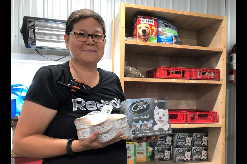 Echo Stringer, a warehouse assistant at the food bank, holds some pet food that the organization offers to low-income residents with dogs or cats. Photo by Jason G. Antonio