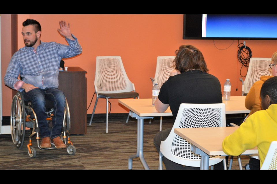 Nolan Barnes speaks to students as part of the Prevent, Alcohol, Risk-related, Trauma in Youth (PARTY) program at the Dr. F. H Wigmore Hospital Tuesday. (Matthew Gourlie photograph)