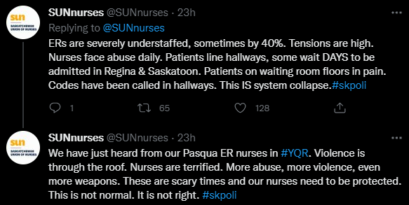 In the same thread, SUN claims that violence is through the roof, nurses are terrified, codes are being called in hallways