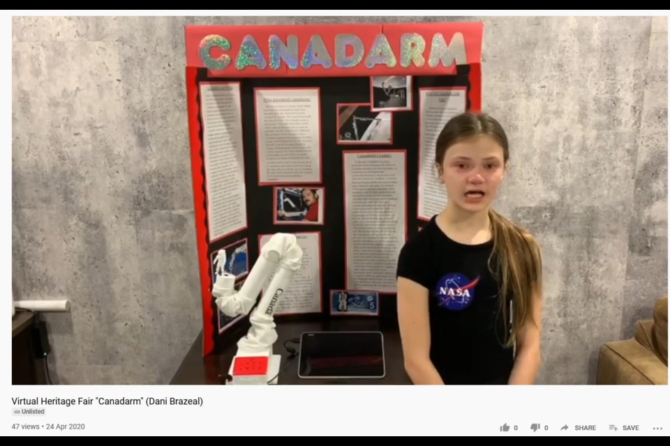 Dani Brazeal speaks about the Canadarm, in a screen grab from a YouTube video she put together for the inaugural virtual Heritage Fair. Screen grab taken by Jason G. Antonio 