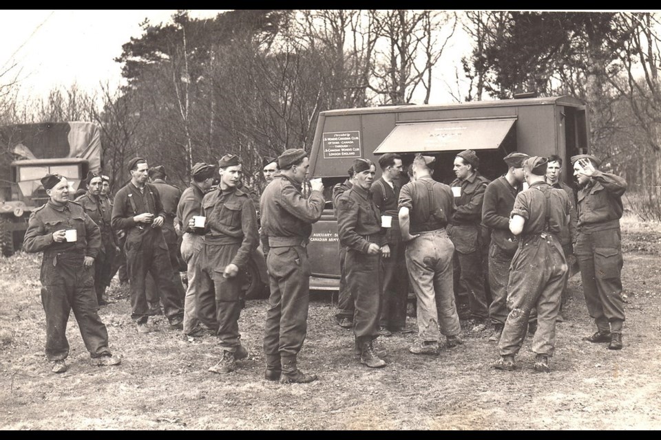 This is a Royal Regiment of Canada photo of the boys training in England. I think Alex is the one holding a cup and looking directly at the camera. Supplied.