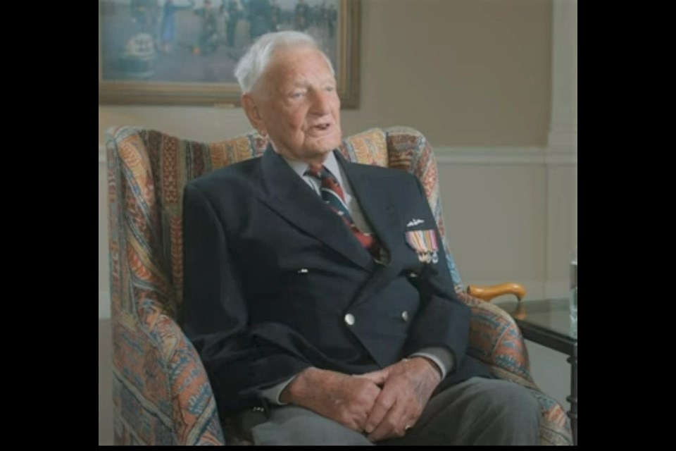 Bernard Gardiner speaks about his experiences during the Second World War, in a screenshot from a recent documentary. Photo courtesy Hawker Typhoon RB396