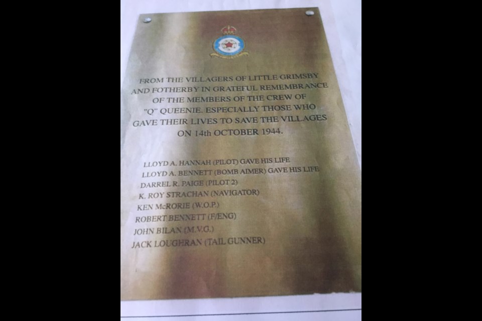 A plaque installed on the wall of St. Edith’s Anglican Church in Little Grimsby, England honours the crew of a bomber plane that crashed near the community on Oct. 14, 1944. Two of the eight airmen — including Moose Jaw-area pilot Lloyd Albert Hannah — died in the crash. Photo courtesy Barbara Chester 
