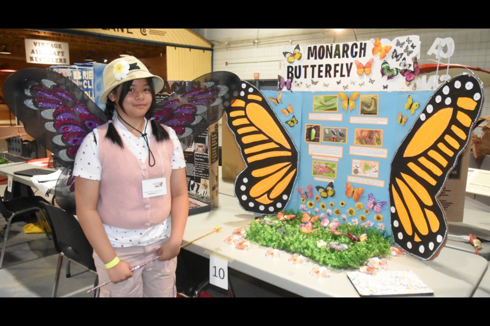 With wings on her back, Reigne Heuna Agrevante from Westmount School poses with her display about monarch butterflies. Photo by Jason G. Antonio