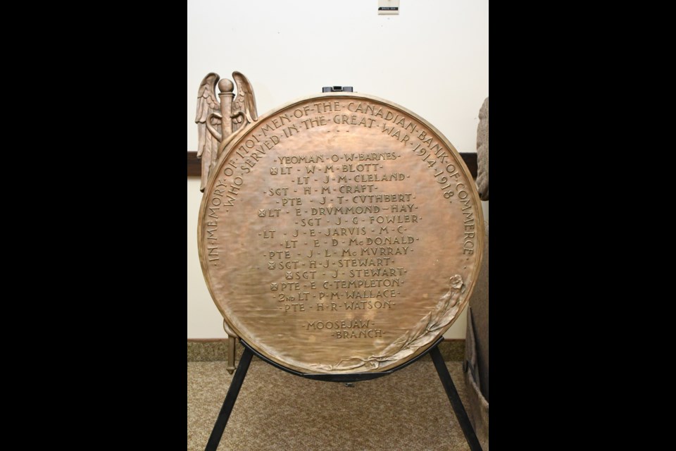 A commemorative bronze plaque honours the men from the Moose Jaw CIBC who fought in the First World War. Photo by Jason G. Antonio