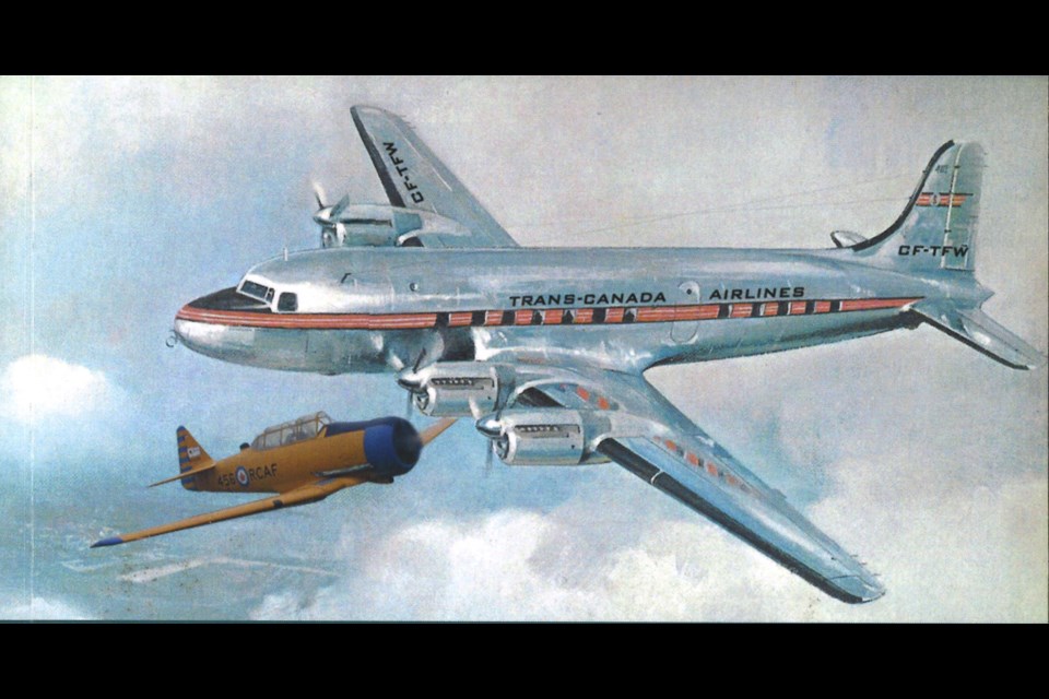 An illustration of the moment when the Harvard and TCA North Star passenger plane collided. Photo courtesy the book, "Mid-Air Collision" by Larry Shaak