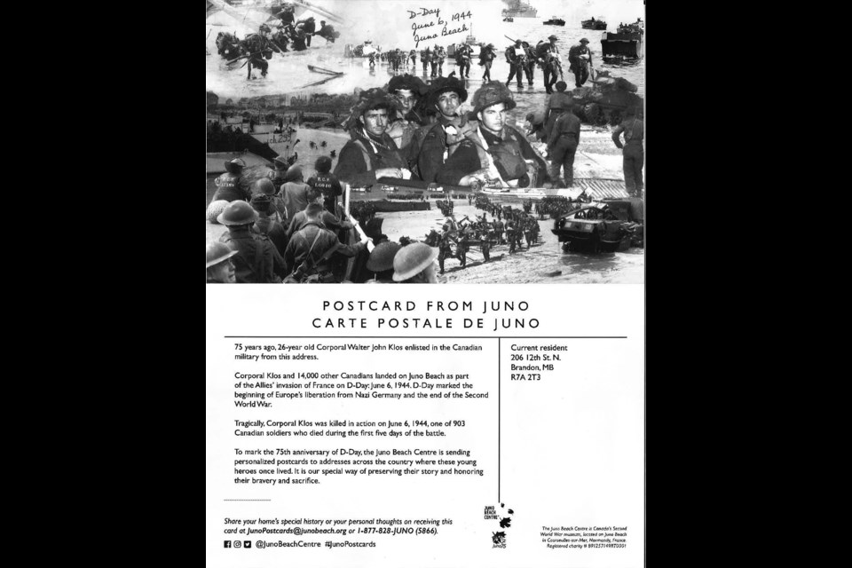 This is an example of the postcards the Juno Beach Centre is sending out to honour Canadian soldiers who died on D-Day, June 6, 1944, or days after. Photo courtesy Juno Beach Centre