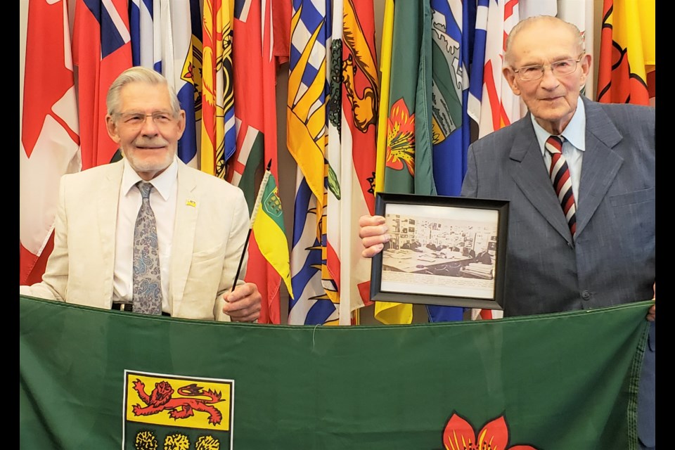 Anthony Drake and Percy Schmeiser tour Government House in Regina in July and were later received in the reception room. Photo courtesy Gail Hapanowicz