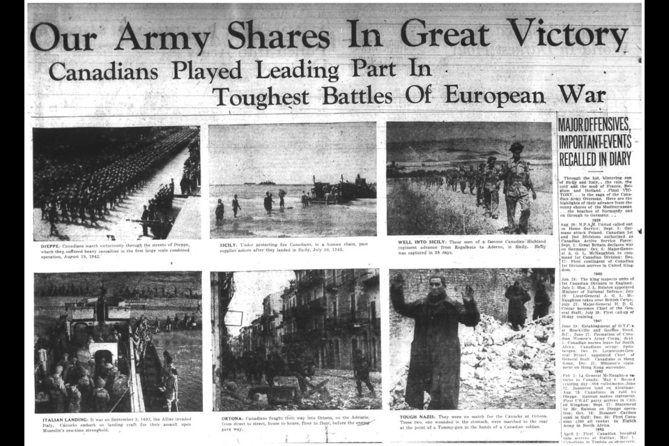 A page from the special edition of the Times-Herald newspaper from May 8, 1945, Victory in Europe Day (VE-Day). Photo courtesy Moose Jaw Public Library archives