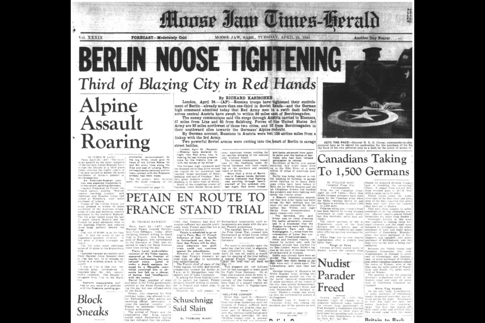 A headline days before the end of the Second World War in Europe, which occurred on May 8, 1945 — 80 years ago. Photo courtesy Moose Jaw Public Library archives