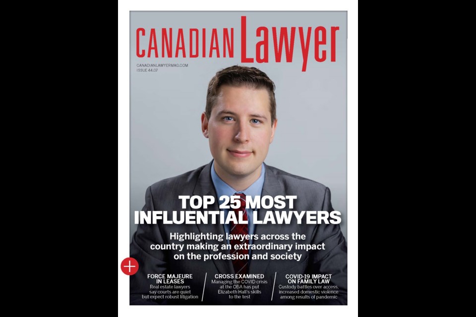 Canadian Lawyer magazine personalized each cover of its issue with a head shot of each of the lawyers who made the top 25 list for this year. Talon Regent made the top 25 list and was also named one of the five young influencers. Photo courtesy Talon Regent