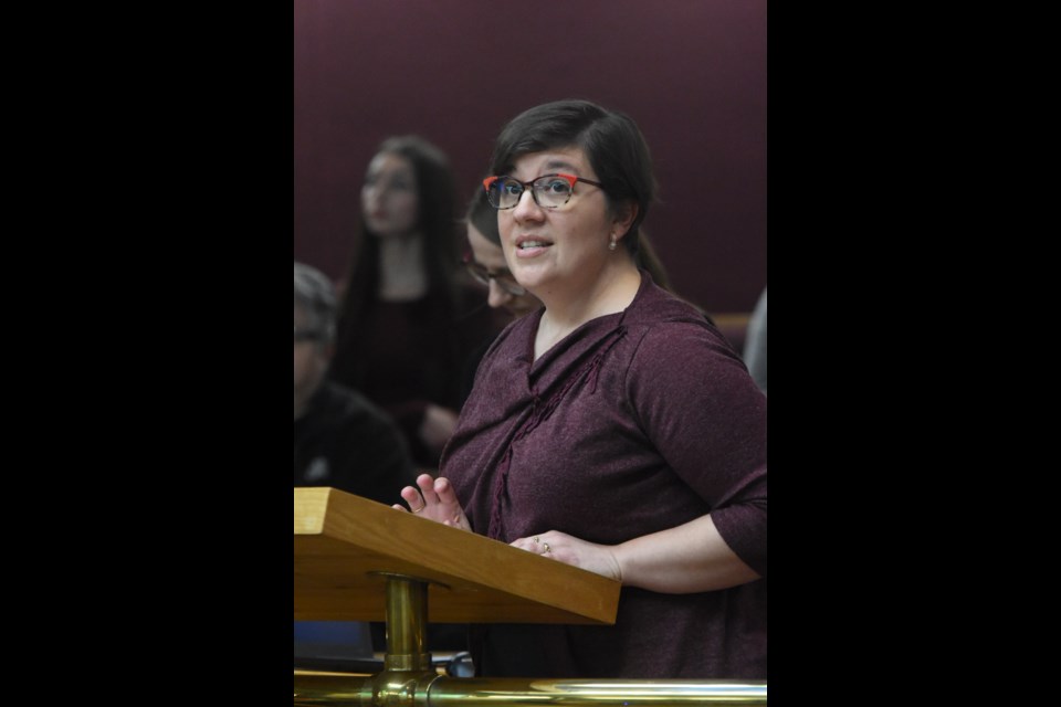 Sarah Simison, board chair for the Moose Jaw Public Library, speaks to city council about how the past year went for the organization. Photo by Jason G. Antonio