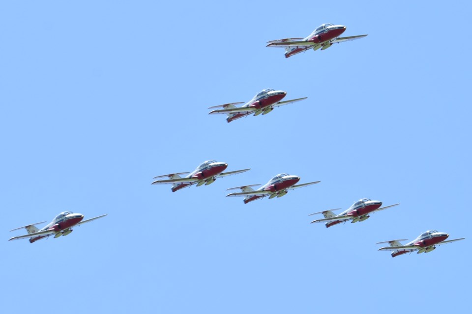 The Canadian Forces Snowbirds soar in formation above the Moose Jaw Municipal Airport recently during a sold-out hometown show that drew approximately 1,600 spectators. The event raised more than $18,000 for planned infrastructure upgrades at the nonprofit airport.