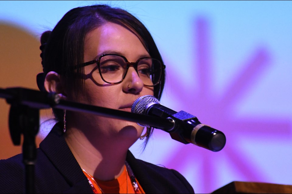 Hayley Hart-Rushinko, the City of Moose Jaw’s Indigenous liaison and communications manager, speaks at A.E. Peacock Collegiate on March 21.