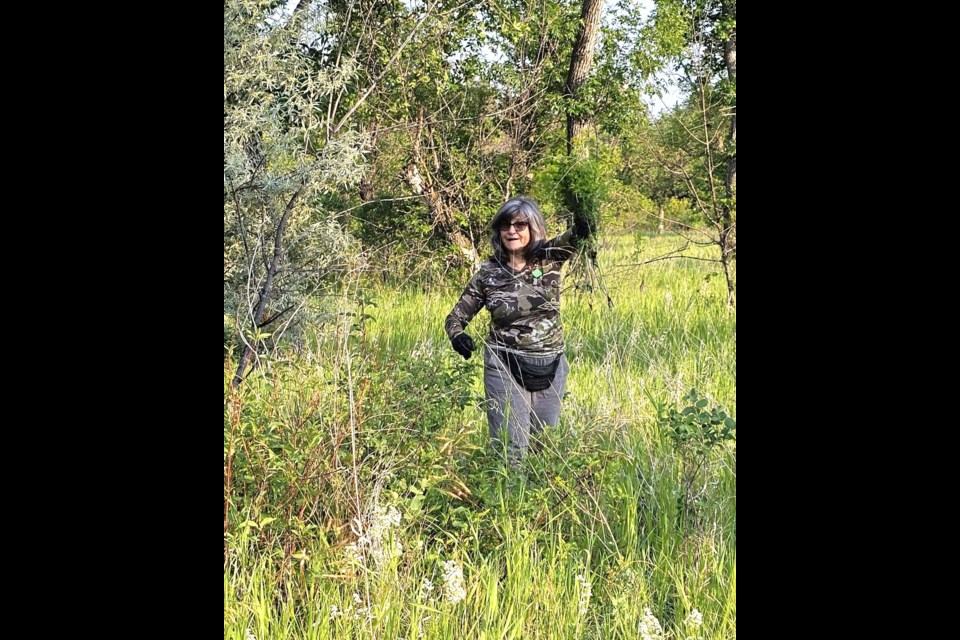 A volunteer holds up a freshly pulled leafy spurge plant during the latest “Purge the Leafy Spurge” effort in Wakamow Valley, part of a broader campaign to restore native vegetation and protect pollinators.
