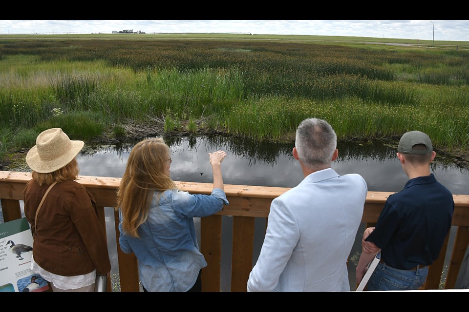 Suzanne Joyce from Ducks Unlimited points out interesting tidbits to Minister of the Environment Dana Skoropad from the Riverhurst Wetland observation deck.