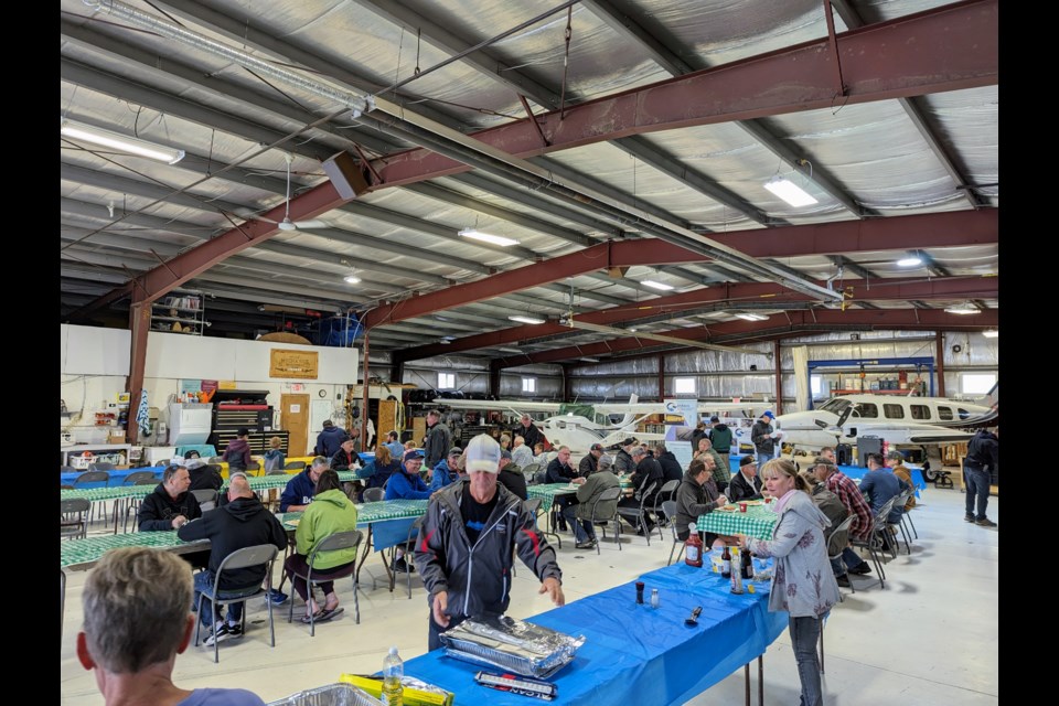 The MJFC pancake breakfast ran from 8:30 to 11:30 a.m., with several hundred people turning up, mostly families with kids who filled the Provincial Airways hangar with sound