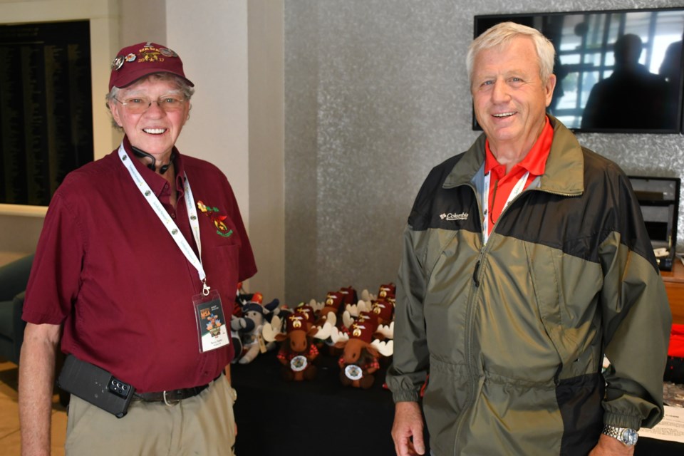 Shriners Terry Yanko of Regina (left) and Gary Cuskey of Spooner, Wis. (right) gather at Temple Gardens Hotel & Spa during the Midwest Shrine Association convention in Moose Jaw.