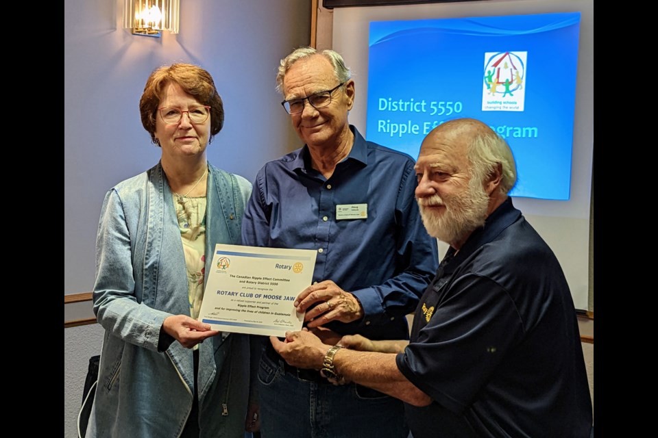 (l-r) Marian Kettlewell, Doug Trithardt, and Glenn Hagel. Trithardt accepted the certificate of appreciation on behalf of the Rotary Club of Moose Jaw