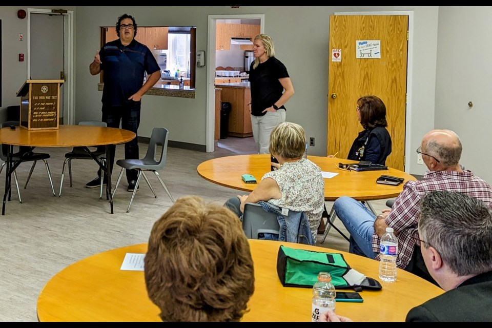 MJPS Constables Kalie Seidlitz and Jeremy Anderson speak to a group of Moose Jaw Rotarians during a regular meeting on Sept. 18. Photo by Gordon Edgar