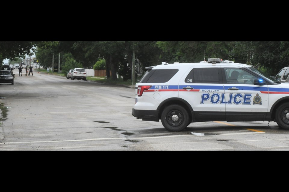 The police have blocked off access to the 900 and 1000 blocks of Athabasca Street East in response to a two-vehicle collision earlier in the day. Photo by Jason G. Antonio 