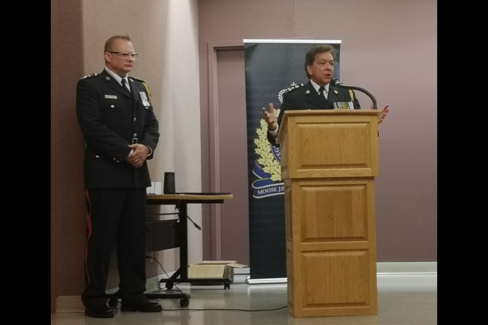 Police chief Rick Bourassa addressing members of the Moose Jaw Police Service on June 26. 