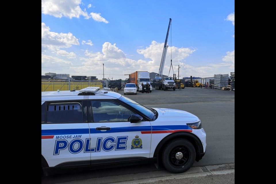 The incident took place at Brandt Moose Jaw's southern yard and appears to involve an industrial crane.