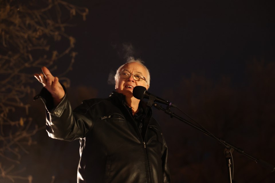 Bernie Dombowsky gives his speech at the rally