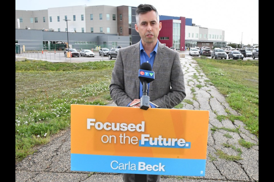MLA Jared Clarke, the NDP's shadow minister for rural and remote health, stands outside Dr. F.H. Wigmore Regional Hospital to discuss the shortage of doctors in Moose Jaw. Photo by Jason G. Antonio