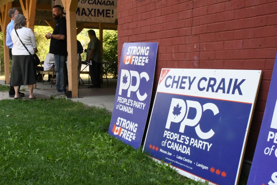 Signs promoting the People's Party of Canada greet supporters as they enter the pavilion at Connor Park. Photo by Jason G. Antonio 