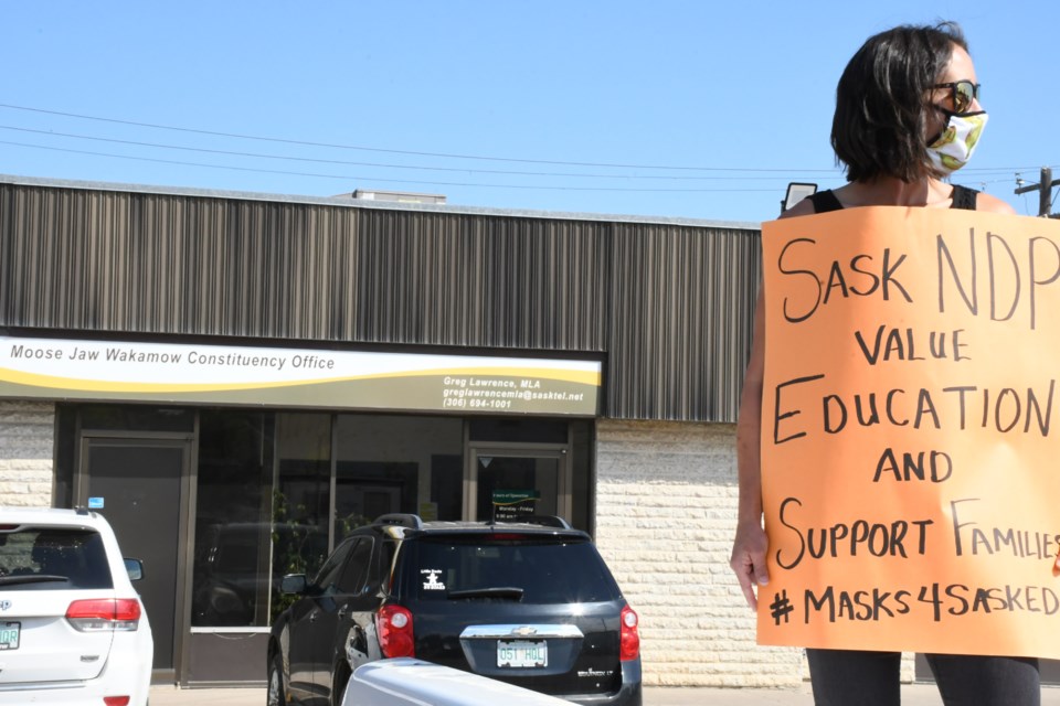 Melissa Patterson, the NDP candidate for Moose Jaw Wakamow, was the main spokeswoman during a protest on Aug. 7 on South Hill. Photo by Jason G. Antonio 