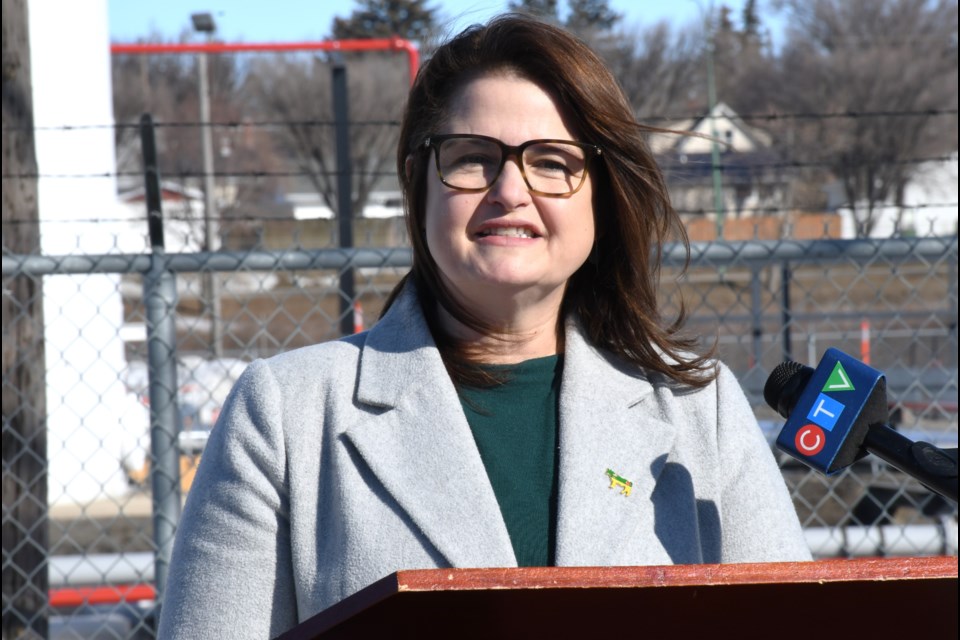 Sask. NDP Leader Carla Beck speaks at the Moose Jaw Refinery on the morning of March 6.