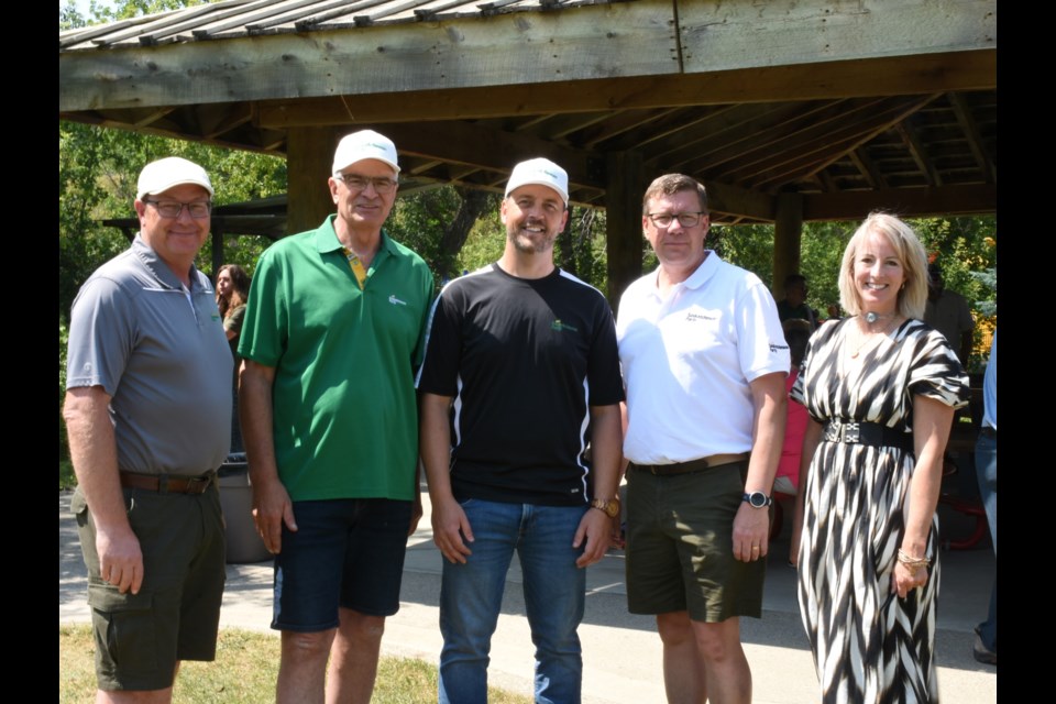 From left, Patrick Bundrock, executive director of the Saskatchewan Party, Blaire McLeod representing Lumsden Morse, Tim McLeod representing Moose Jaw North, Premier Scott Moe, and Megan Patterson representing Moose Jaw Wakamow.