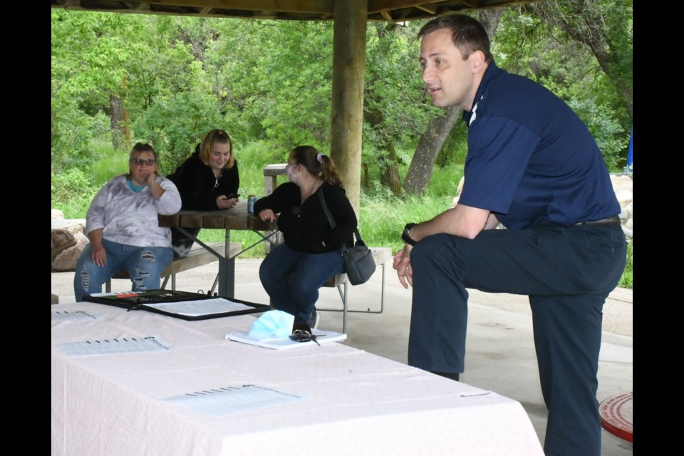 Former MP Brad Trost speaks to residents during a meet-and-greet in Wakamow Valley on June 24. Trost is seeking the nomination for the Moose Jaw-Lake Centre-Lanigan constituency. Photo by Jason G. Antonio 