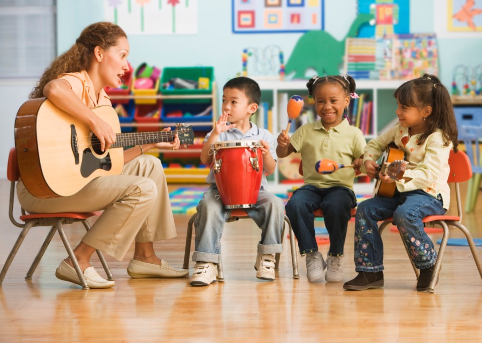 Children learning music in the classroom (Jose Luis Pelaez-Stone-Getty Images)